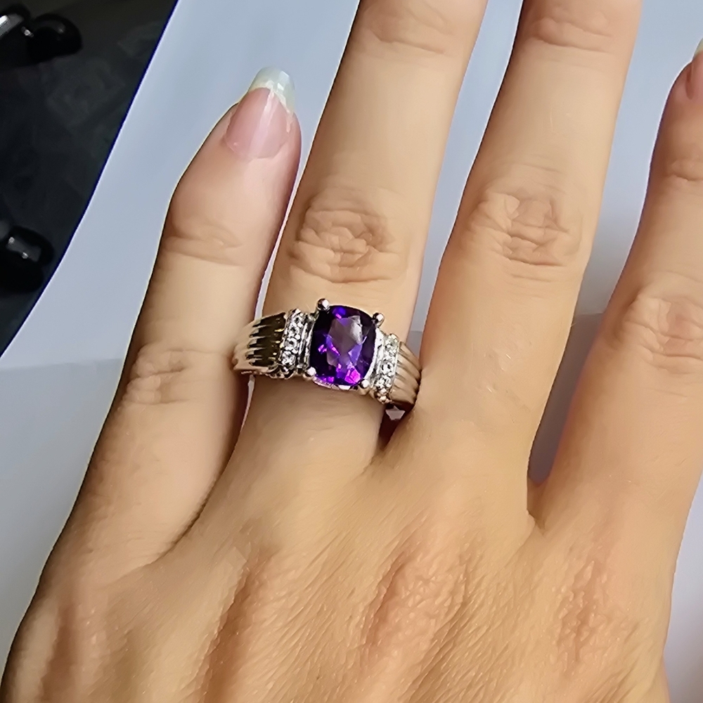 Genuine Amethyst & White Topaz Ring | Sterling Silver 925 | Cushion Cut | Size 7